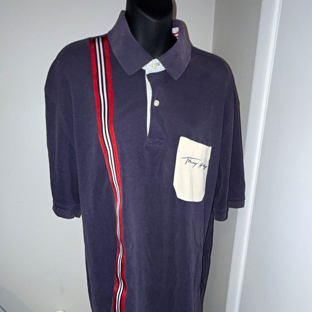 Vintage 90s Tommy Hilfiger Sailing Gear Polo Shirt XL Patch Back Stripe Crew
